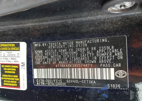 2008 Toyota Camry Se V6 z USA, uszkodzony, nr VIN 4T1BK46K38U574871